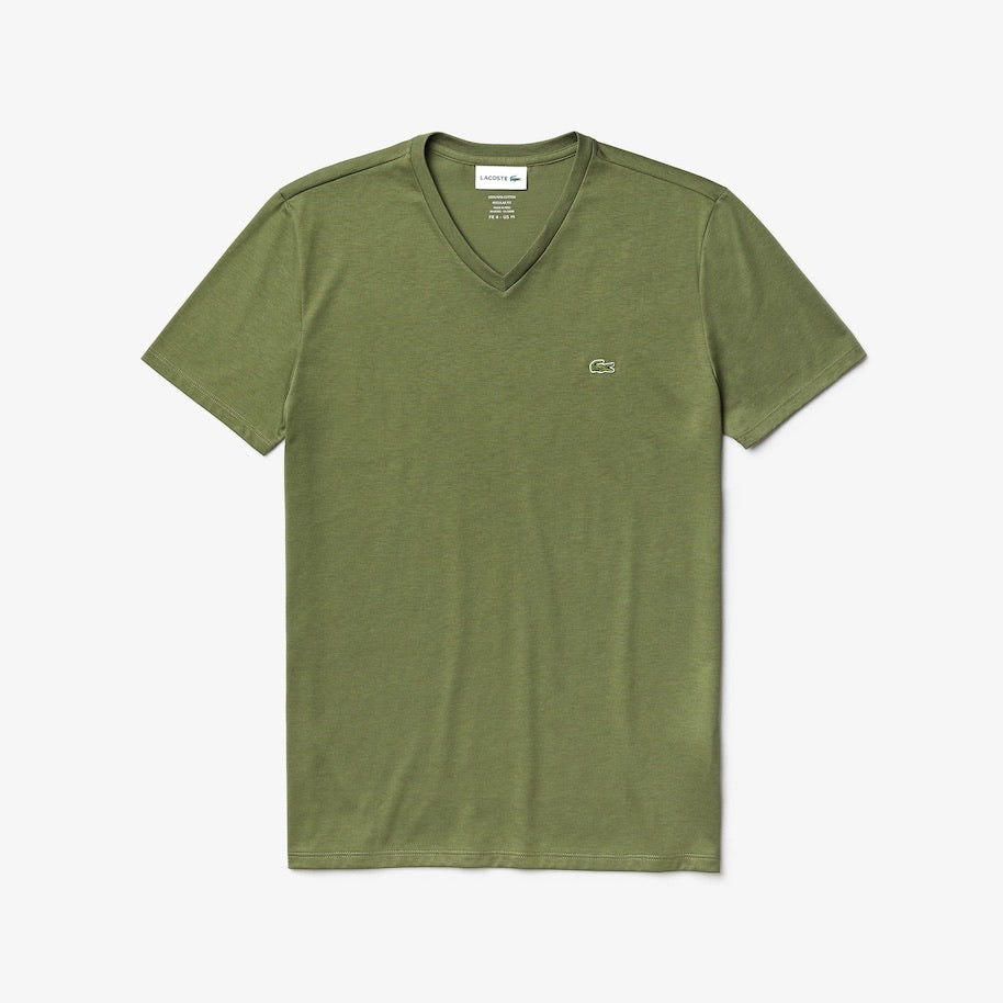 LaCoste-V-neck Pima Cotton T-shirt-Khaki Green • XZD-TH6710-51