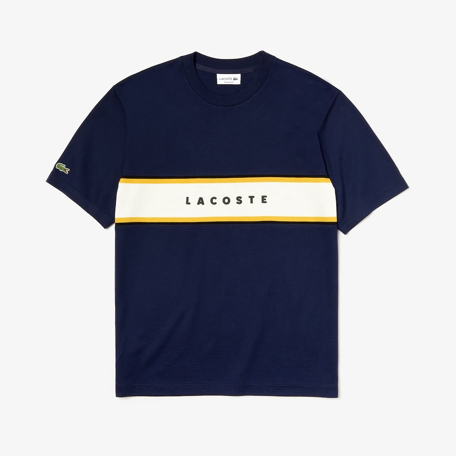 LaCoste-Crew Neck Lacoste Lettered Piqué Panel Cotton T-shirt-Navy Blue • 166-TH4295