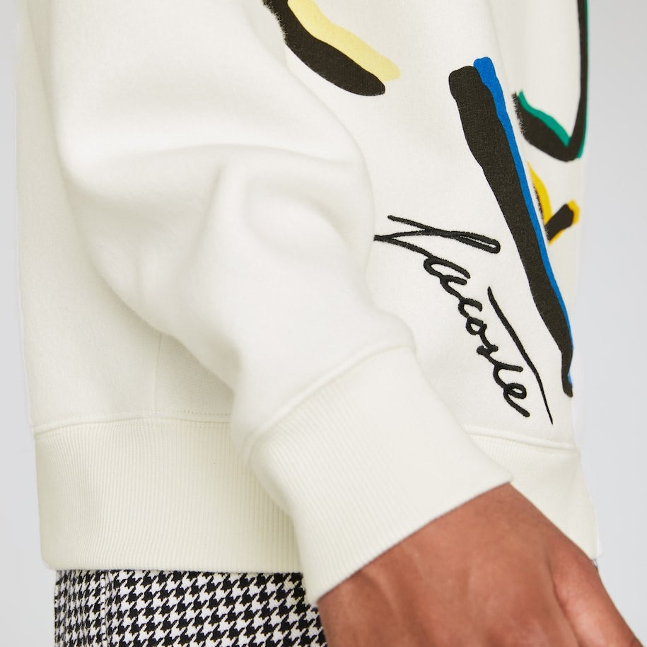 Lacoste-Men's Lacoste LIVE Loose Fit Face Design Hooded Fleece Sweatshirt-White • 2CQ-SH2164