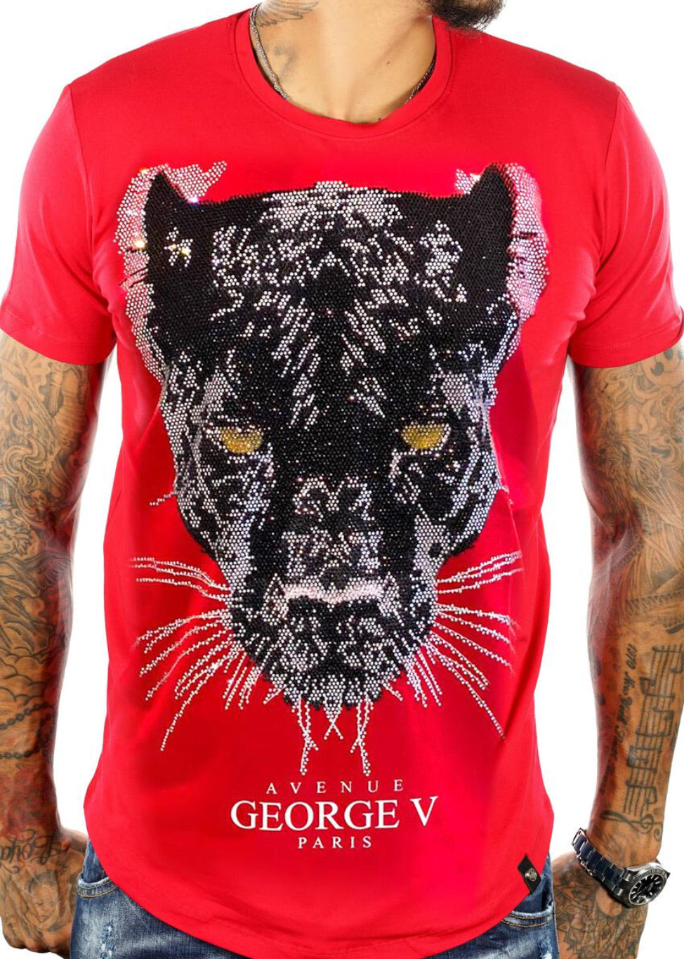 George V-Panther Face Tee-Red