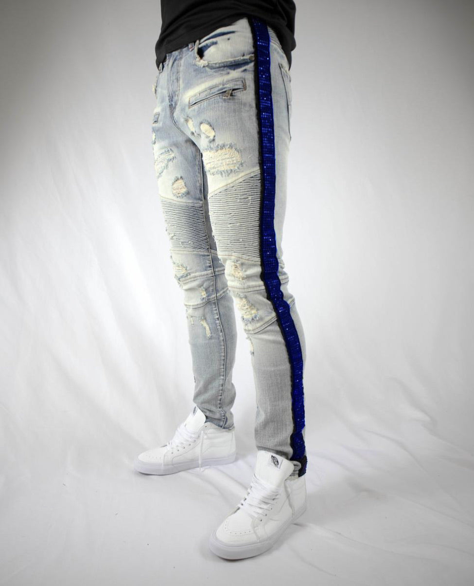 Preme-Blue Crystal Stone Jeans-Indigo-PR-WB-387