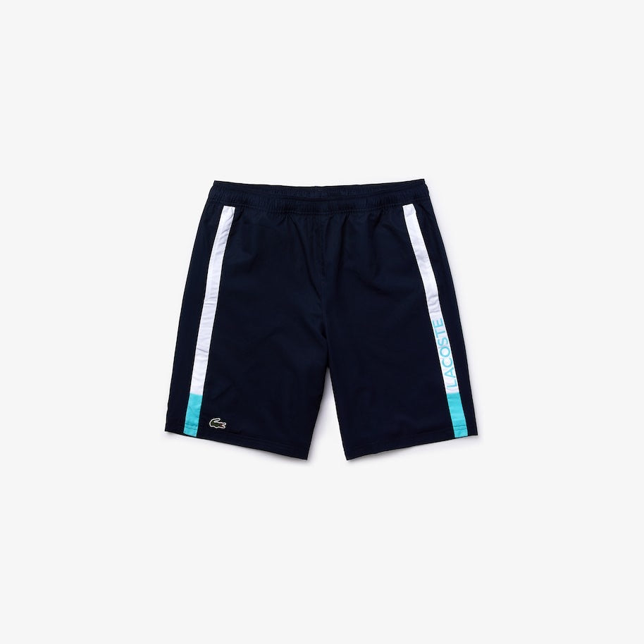 LaCoste-Men's SPORT Branded Contrast Striped Light Shorts-Navy Blue/White/Turquoise • VGU-GH4860