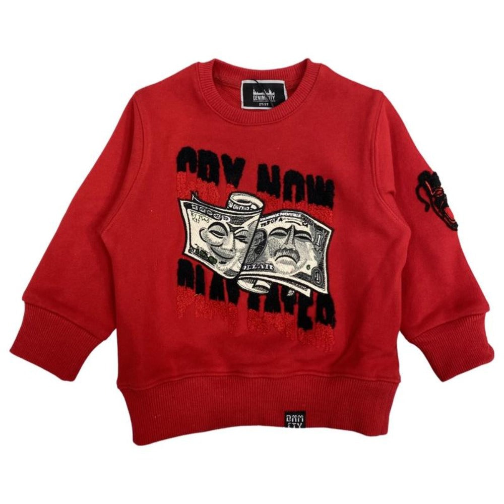 Kids Chenille Cry Now/Play Later Crewneck-Red