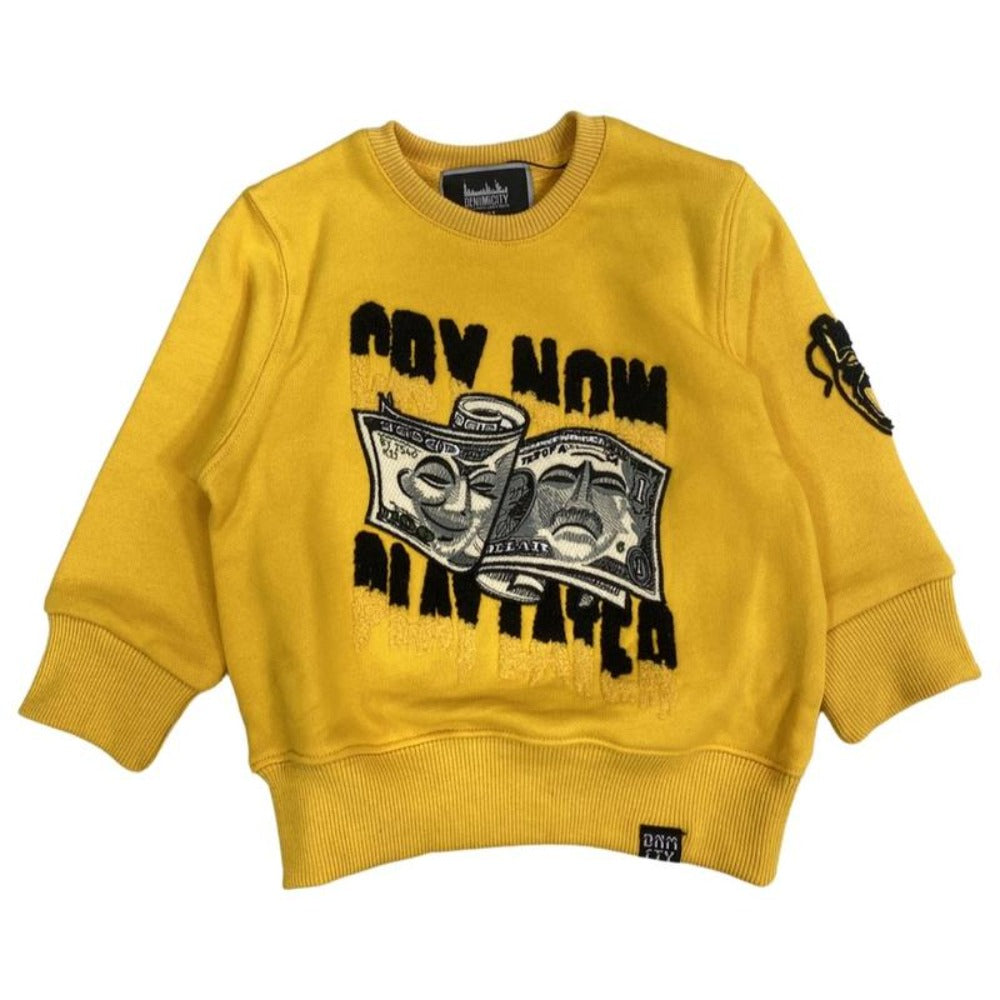 Kids Chenille Cry Now/Play Later Crewneck-Yellow