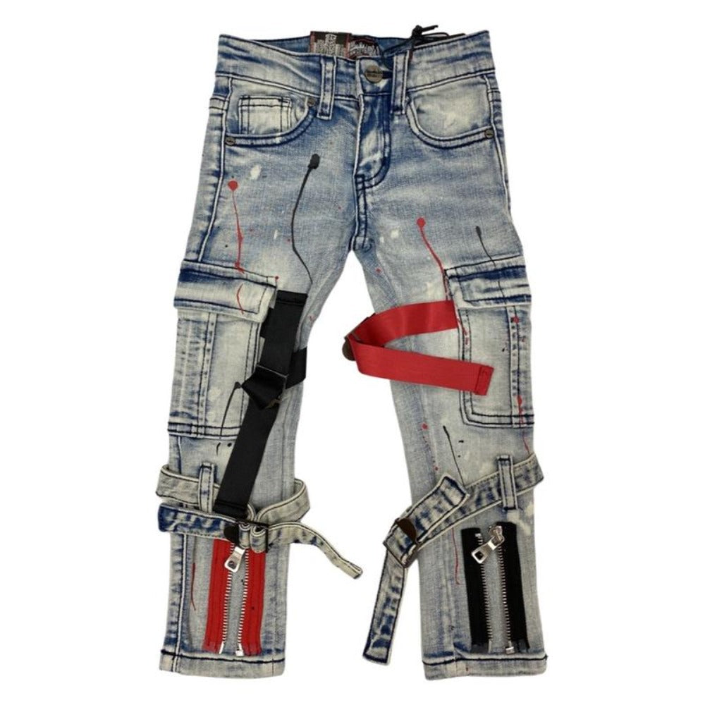 DNM-Kids Red & Black Tactical Denim-Bleached Light Blue