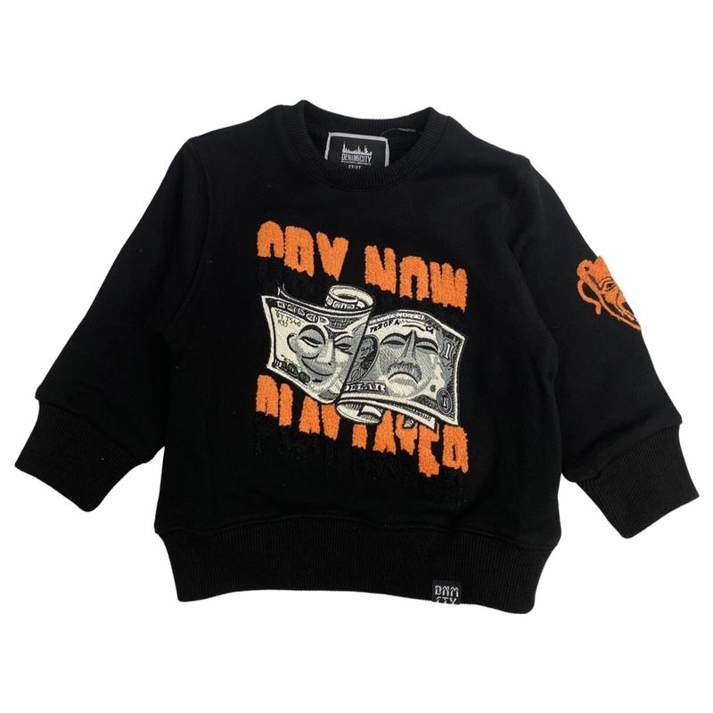 Kids Chenille Cry Now/Play Later Crewneck-Black