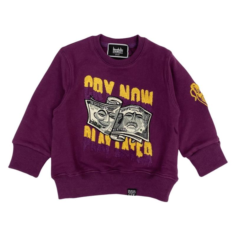 Kids Chenille Cry Now/Play Later Crewneck-Purple