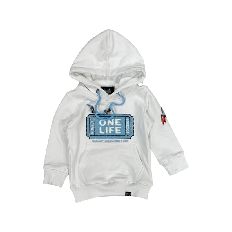 DENIMiCity-Kids One Life Ticket Hoodie-White/Baby Blue