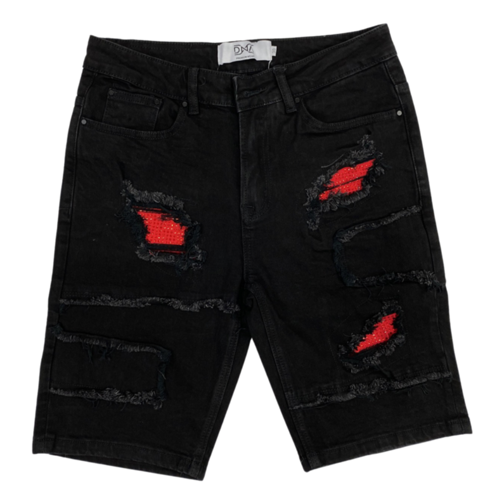 DNA Red Stones Denim Shorts-Black
