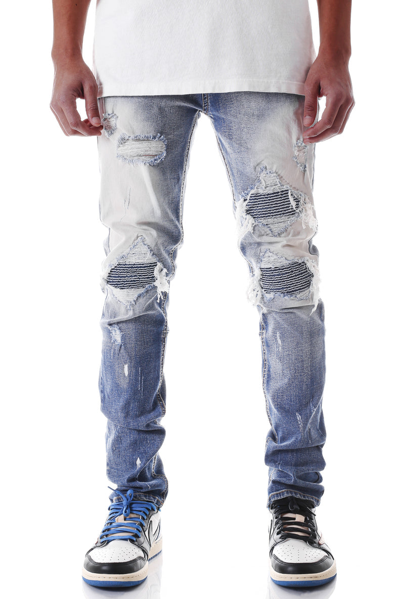 Pintuck Patched Jeans - Faded Blue