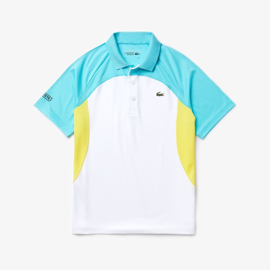 LaCoste-Men's SPORT Colorblock Breathable Piqué Tennis Polo Shirt-White/Turquoise/Yellow/Navy Blue • YGZ-DH4748