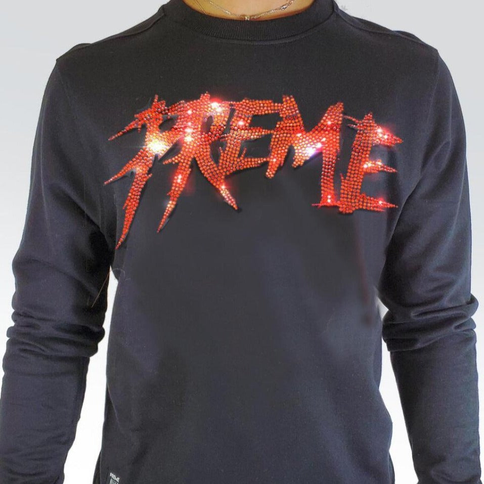 Preme Jeans-Red Crystal Script Sweater-Black
