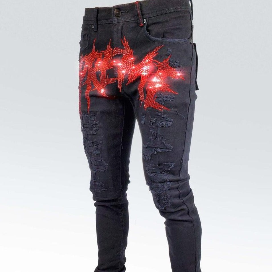 Preme Jeans-Scripted Red Crystal Denim-Black
