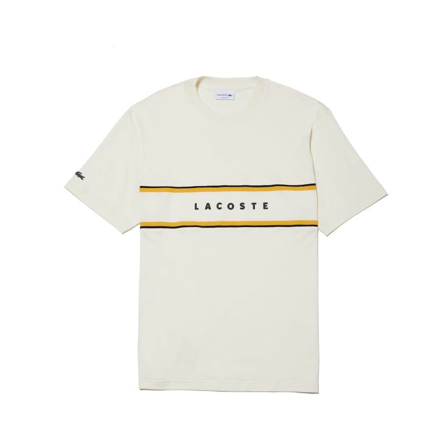 LaCoste-Crew Neck Lacoste Lettered Piqué Panel Cotton T-shirt-White • FJ7-TH4295