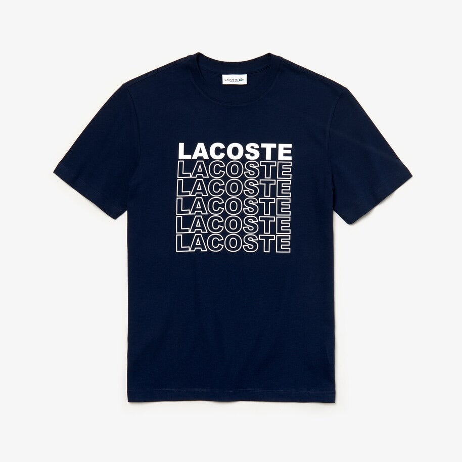 LaCoste-Men's Crew Neck Crocodile Lettering Cotton Jersey T-shirt-Navy Blue • 166-TH4237