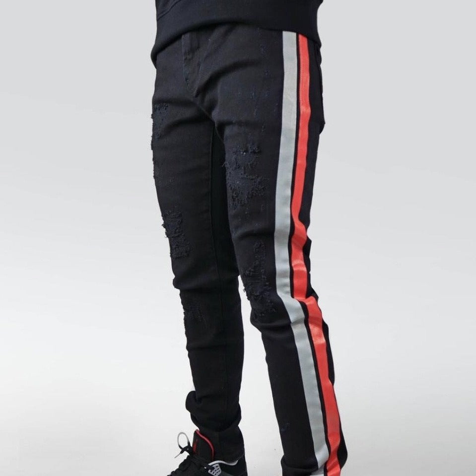 Preme-Distressed Grey/Red Tap Jeans-Black-PR-WB-398y
