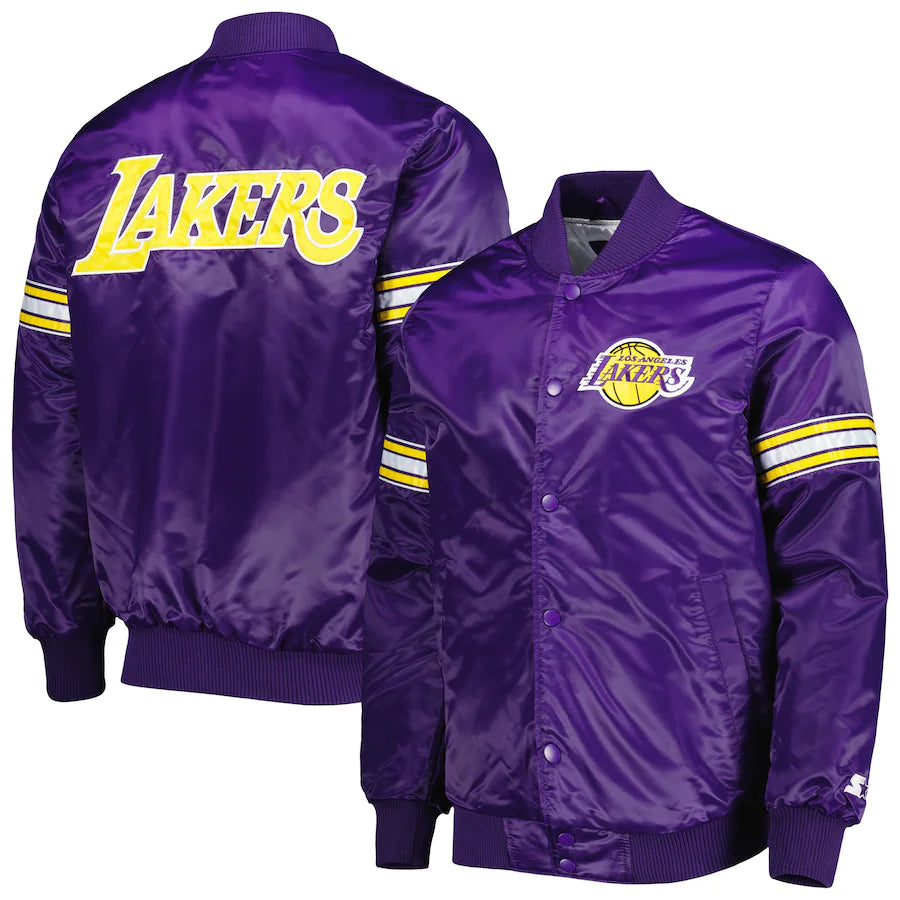 Men's Starter Los Angeles Lakers Jacket Purple Pick & Roll Satin Full-Snap Varsity Jacket
